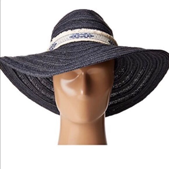 Navy Blue Floppy Wide Brim Aztec White Band Straw Sun Hat San Diego Co NEW - Picture 2 of 4